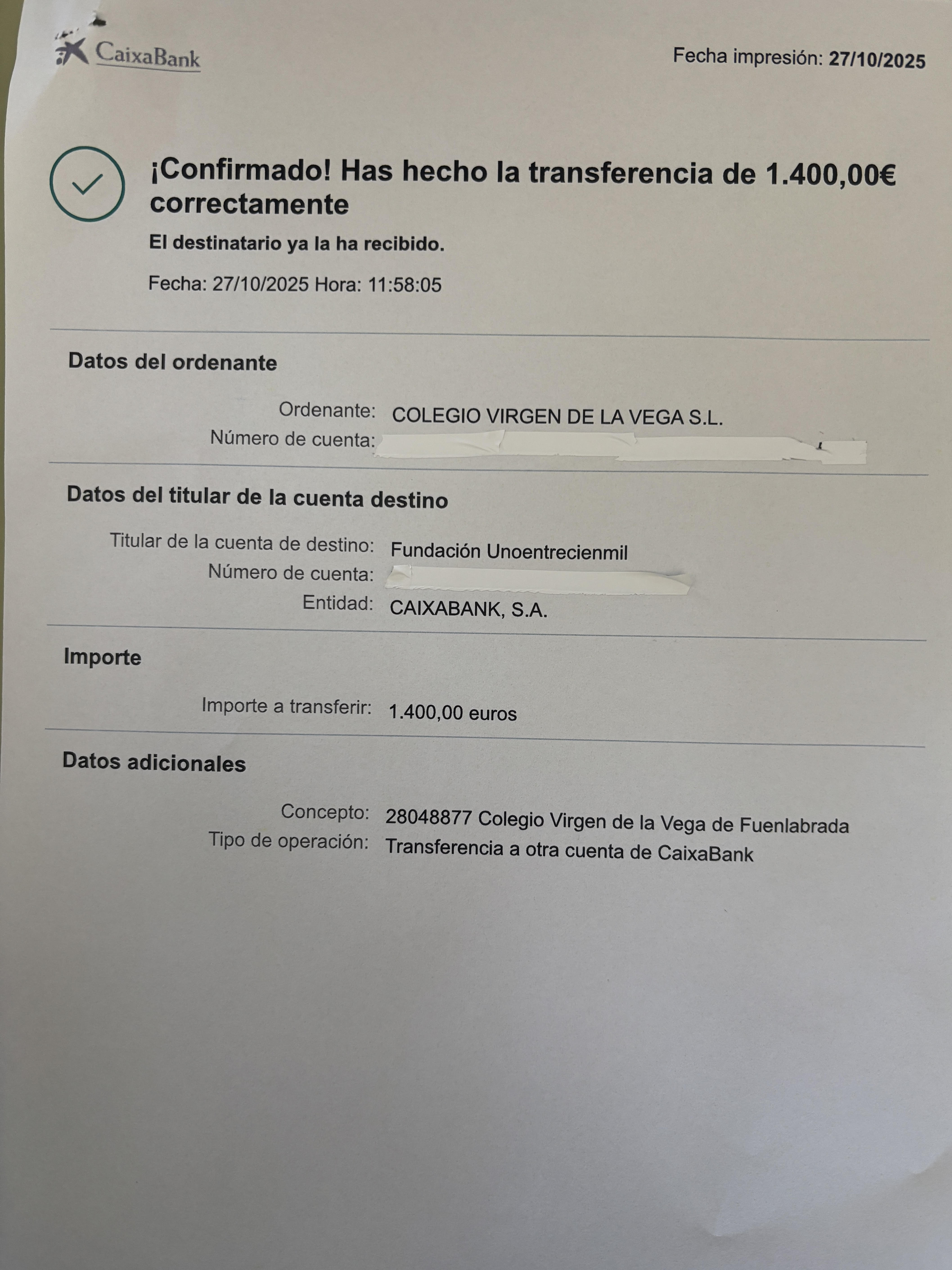 Justificante transferencia para UNOENTRECIENMIL (Carrera solidaria La vuelta al cole 2025)